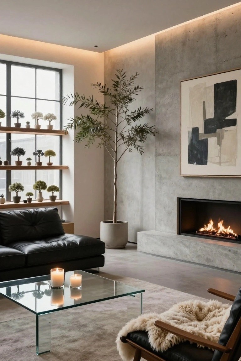 Modern living room with gray concrete accent wall and built-in linear fireplace with flames, tall potted olive tree, window shelves lined with small potted plants, black leather sofas, glass coffee table with two lit candles, and a chair with sheepskin throw.