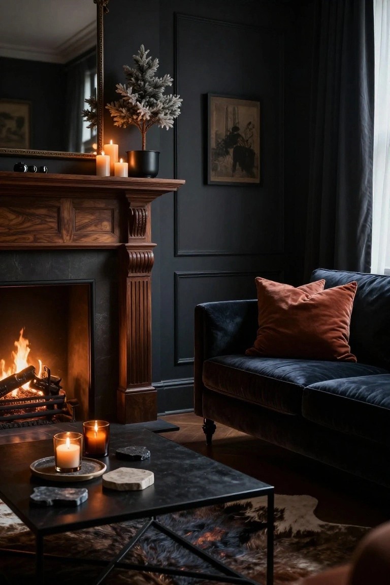 Dark-paneled living room with lit wood-burning fireplace, navy velvet sofa with rust pillows, black metal coffee table holding candles and stone coasters, small flocked Christmas tree near mantel, and additional candles throughout.