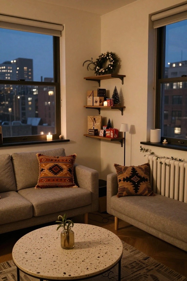 Living room corner featuring gray sofas with patterned pillows, a round terrazzo coffee table, floating wooden shelves with Christmas decorations including mini trees, candles, and gift boxes, and large windows overlooking city buildings at dusk.