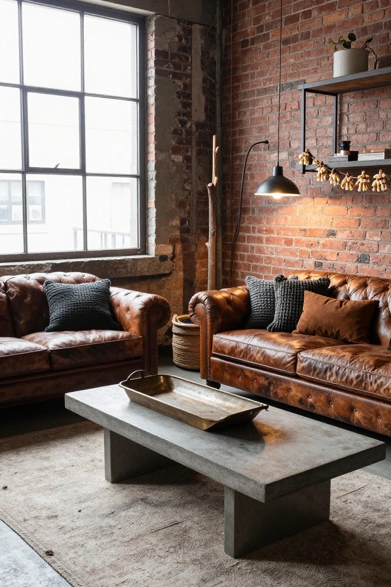 Exposed brick industrial living room featuring two tan tufted leather sofas, a concrete coffee table with brass tray, black metal shelves with hanging gnome garland, and large factory windows.