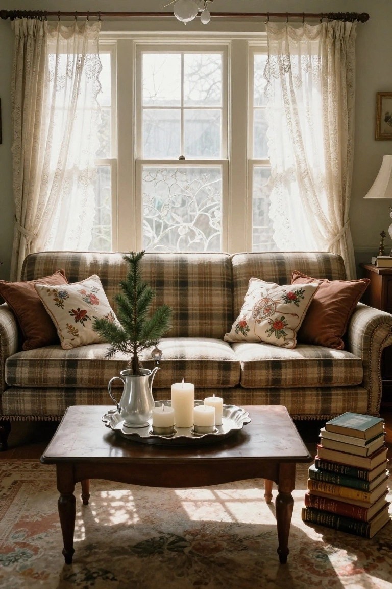 Cozy plaid sofa with embroidered pillows, candles, and small tree on coffee table.