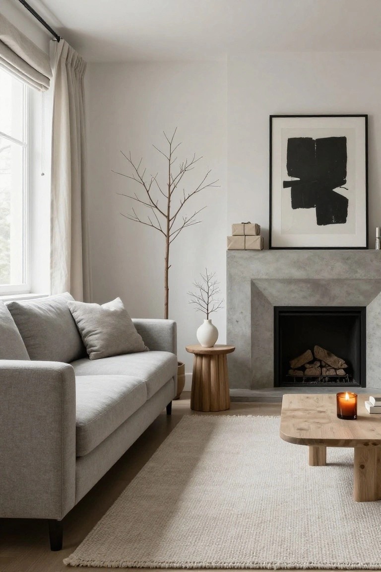 A minimalist living room featuring a light gray sofa, concrete fireplace with burning logs and stacked wrapped gifts on the mantel, wooden coffee table holding a lit candle, neutral rug, and tall branch plant near a large window with sheer curtains.