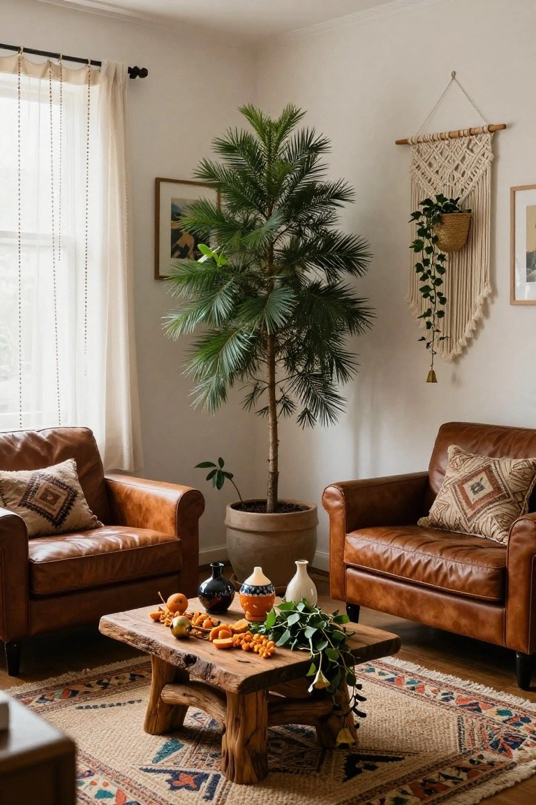 Living room corner featuring two tan leather armchairs around a low rustic wooden coffee table displaying oranges, persimmons, vases, and green leaves, with a tall potted palm tree, macrame wall hanging, sheer beaded curtains, and a patterned rug.