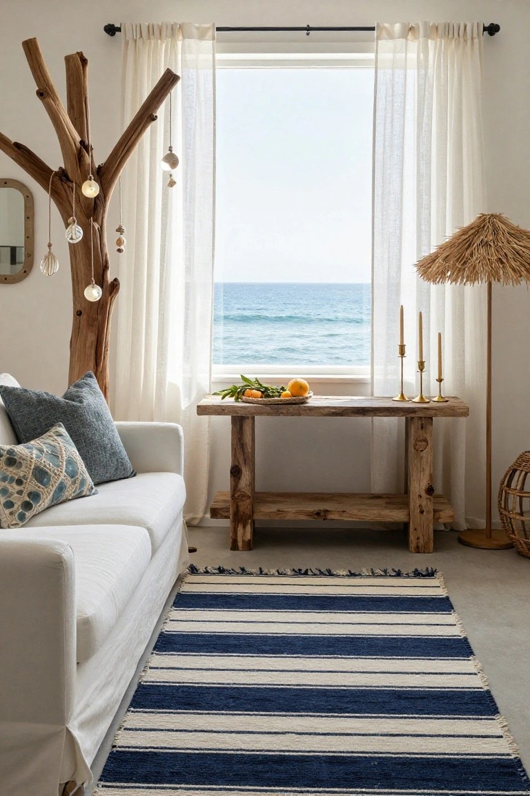 Living room interior featuring a white sofa with blue pillows, wooden console table with fruit bowl, tall driftwood sculpture with hanging lights and shells, sheer curtains at a large window showing ocean view, striped rug, and rattan lamp.
