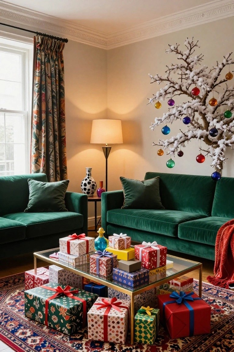 A living room corner with two emerald green velvet sofas around a glass coffee table stacked high with colorful wrapped gift boxes, a white branched Christmas tree hung with multicolored glass ornaments, patterned curtains at the window, and a Persian-style rug on the floor.