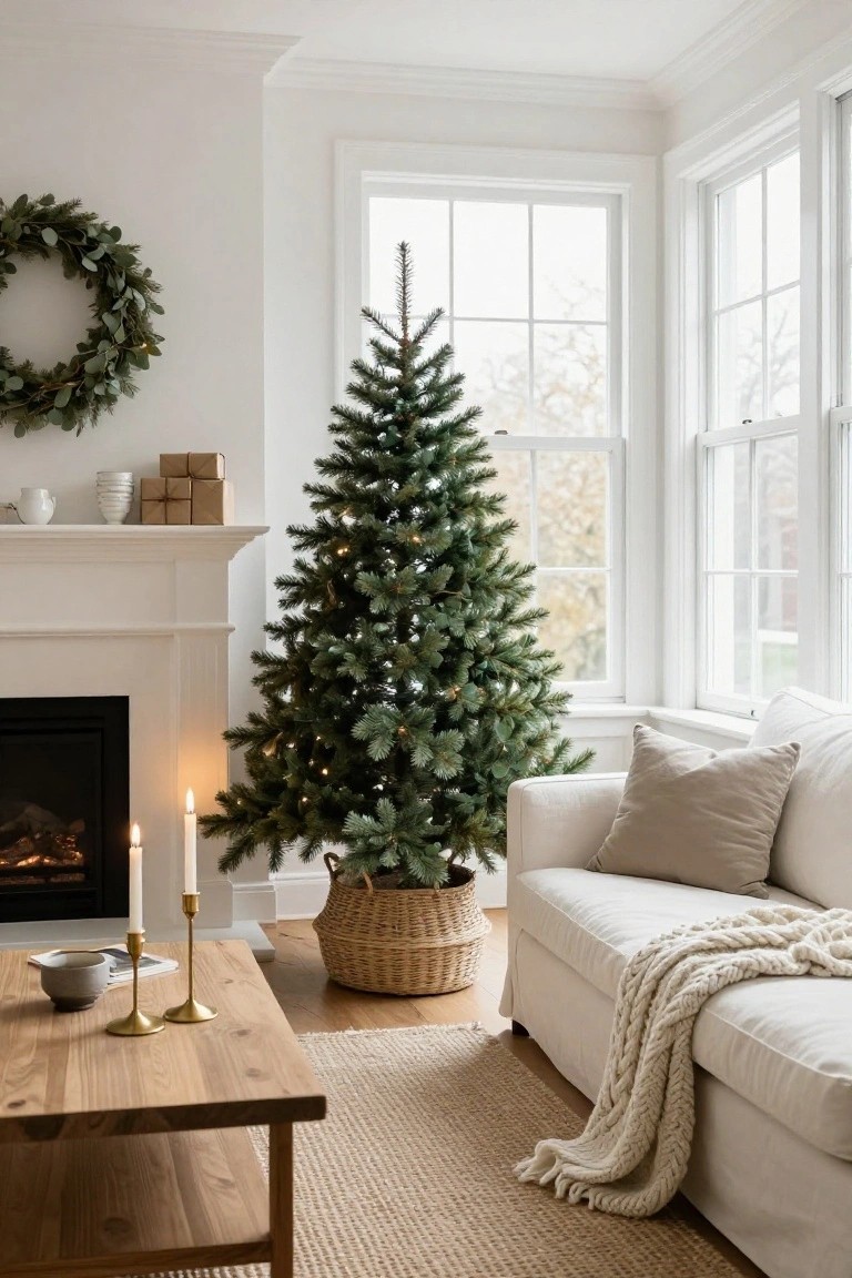 White living room corner with a lit artificial evergreen Christmas tree in a woven basket next to a gas fireplace, neutral sofa with throw blanket, wood coffee table, and two lit candles on the floor.