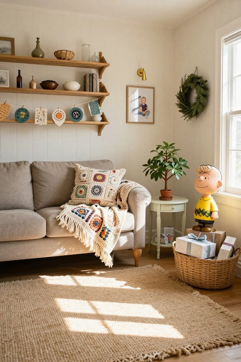 Sunlit corner of a neutral living room with beige sofa draped in colorful crocheted throw and pillow, wooden shelves holding pottery bowls books and hanging ornaments, potted plant on side table, yellow Charlie Brown statue, stacked wrapped gifts and wicker basket on floor, green wreath on wall near window.