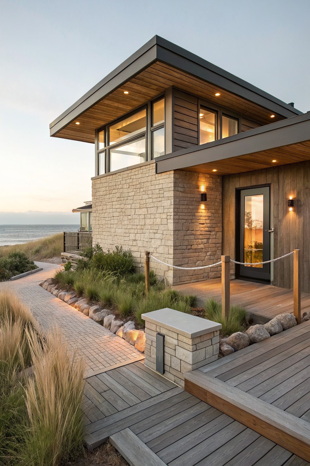 Corner view of a modern single-story beach house with beige stone lower walls, dark wood vertical siding on upper sections, large glass windows, black-framed entry door flanked by rope barrier and stone pedestal light, paver pathway through dune grasses, and wooden deck leading to ocean.
