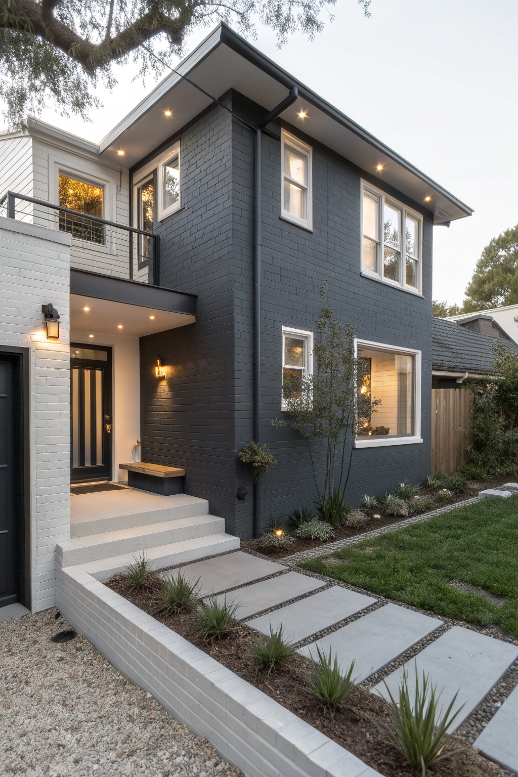 Two-story house exterior featuring dark gray painted brick walls, white brick garage and entry area, black front door with steps, wooden bench, and front yard with gravel, pavers, plants, and trees.