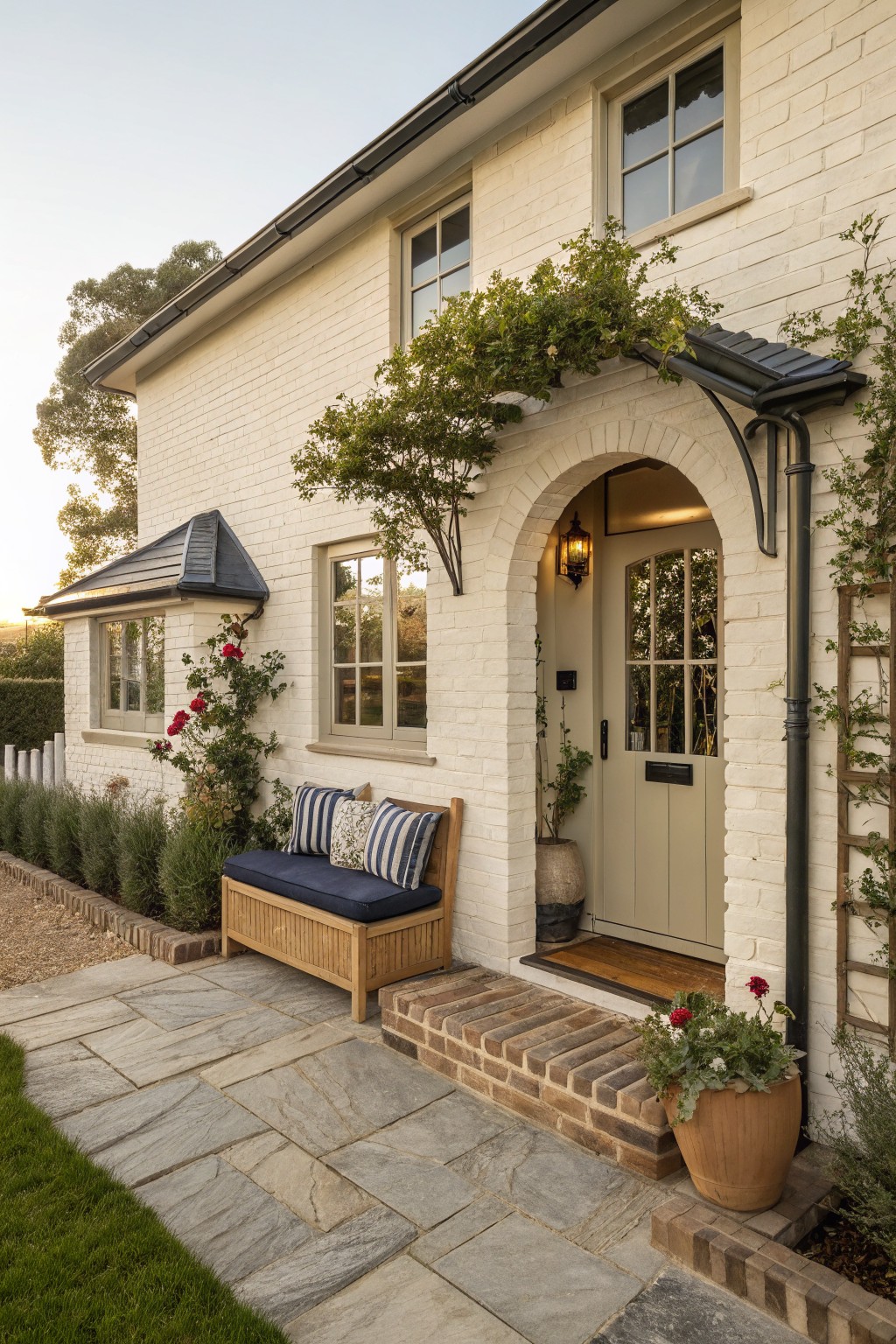 Beige painted brick house exterior with arched entry, light green door, wooden bench with blue cushions, climbing vines and roses, potted plants, and stone pathway in front.