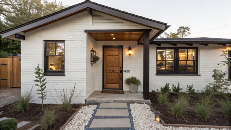 White painted brick house exterior with a dark wooden front door under a covered porch, black-framed windows, lantern lights, and a stone step path leading through gravel landscaping.