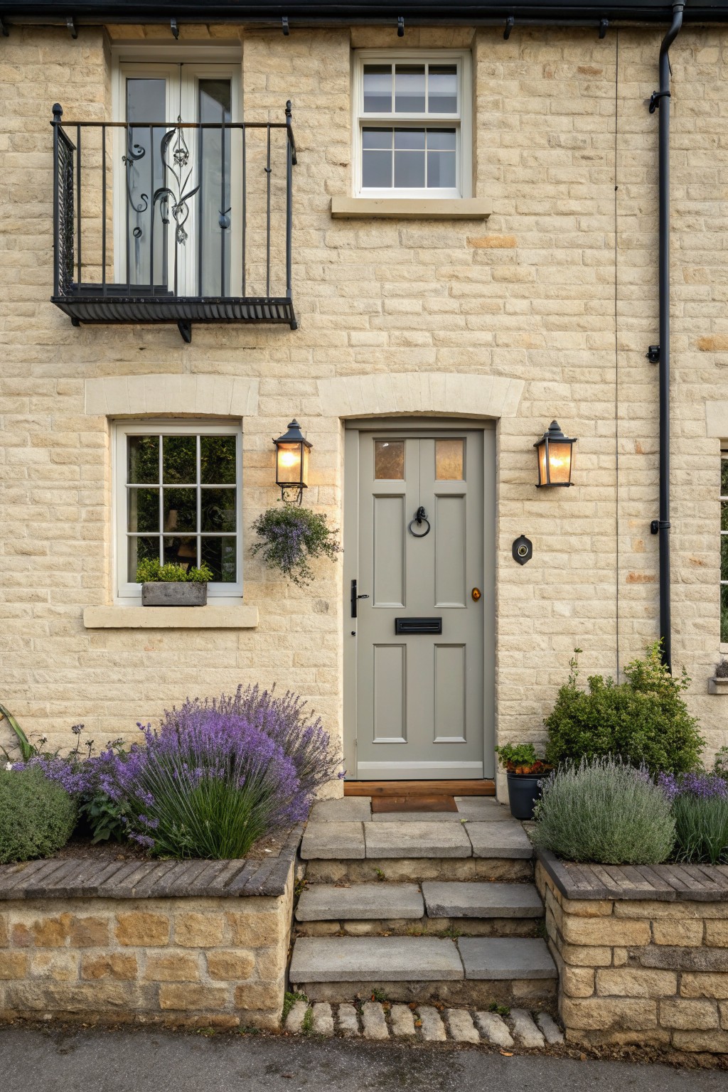 Front exterior of a small two-story beige painted brick house with a gray paneled door, stone steps flanked by lavender borders, wall lanterns, and a black iron balcony above.