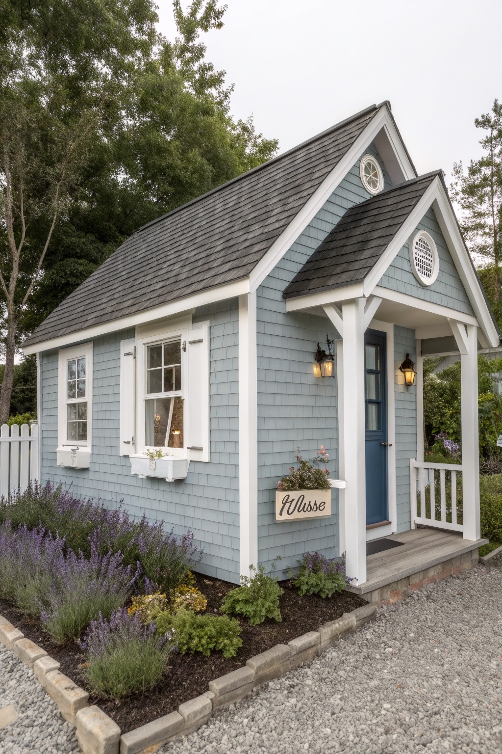 Small light blue clapboard cottage with dark shingled gabled roof, white-trimmed windows with shutters and flower boxes, covered porch with blue door and lantern lights, lavender plants in garden bed, white picket fence, and gravel path.