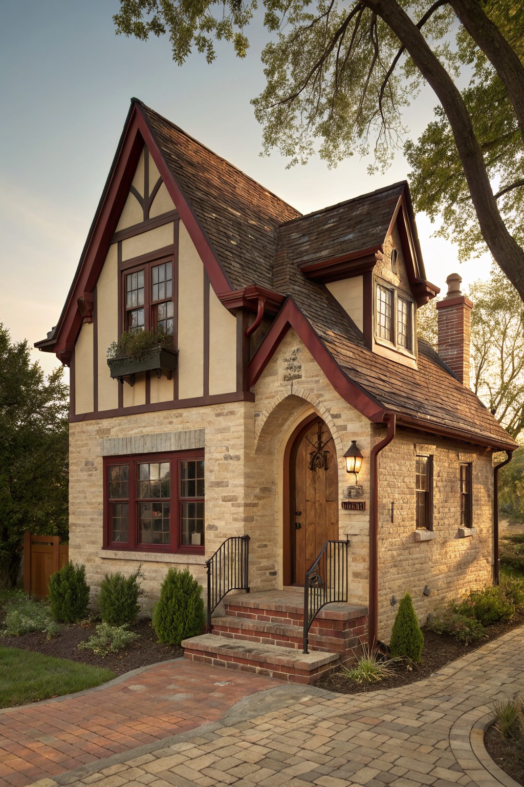 Small two-story house exterior with beige painted brick walls, dark red half-timbering on gables and corners, steeply pitched roof, arched wooden front door with lantern, brick steps, and low landscaping.
