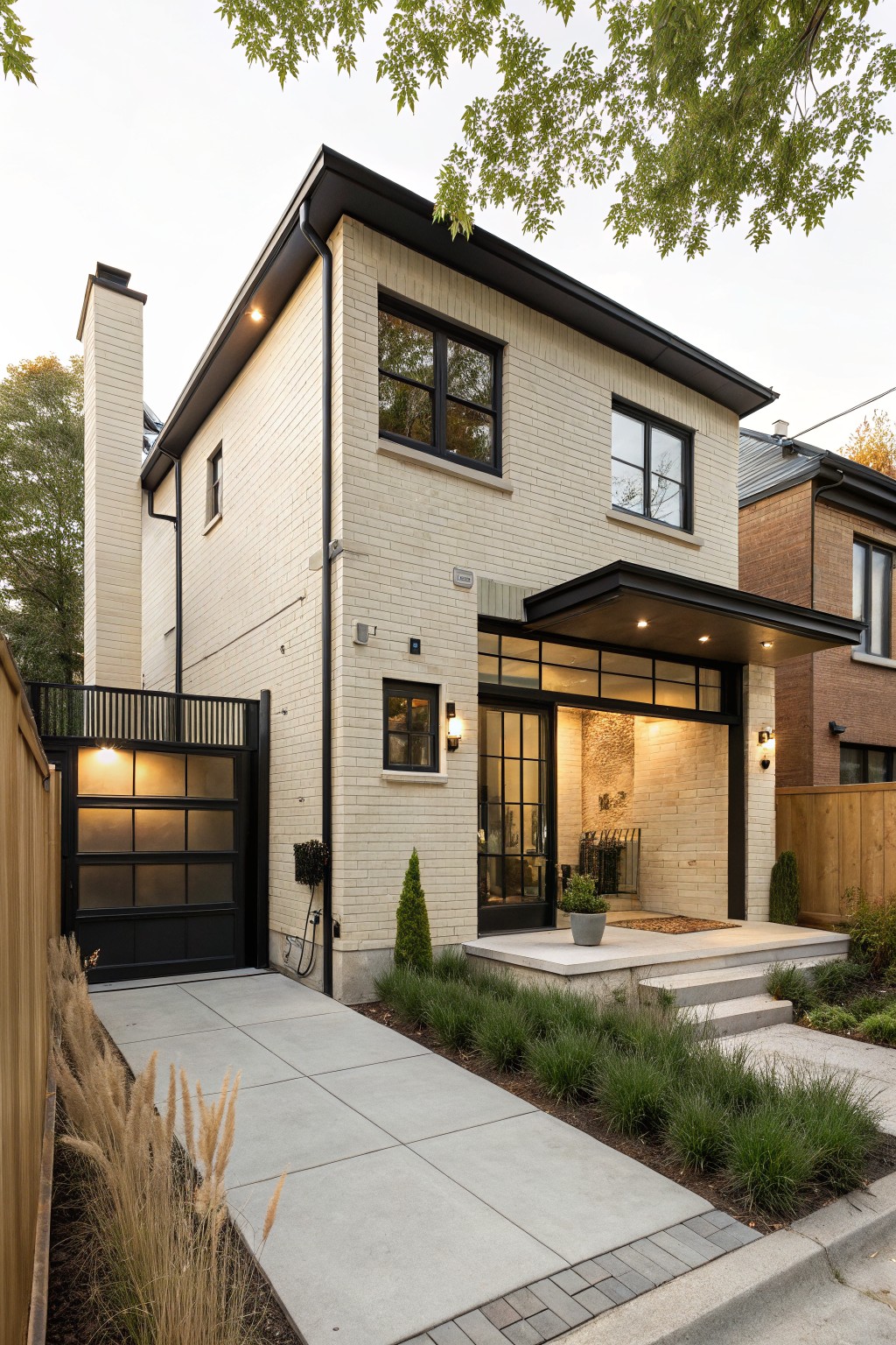 Two-story light beige brick house exterior featuring black metal window frames, a cantilevered black entry canopy with glass door, black garage door, concrete driveway and steps, and low ornamental grasses in the front yard.