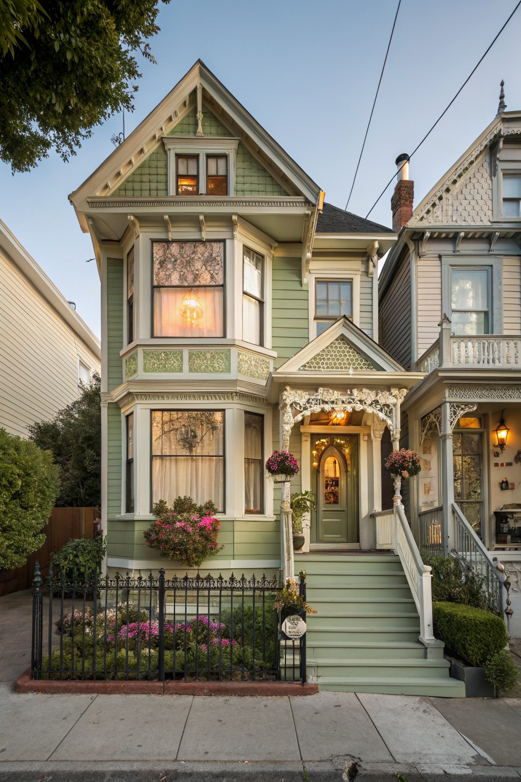 Two-story sage green Victorian house with bay windows, ornate cream trim, front porch with green door, flower boxes, black iron fence, potted plants, and steps leading to the sidewalk on a city street.