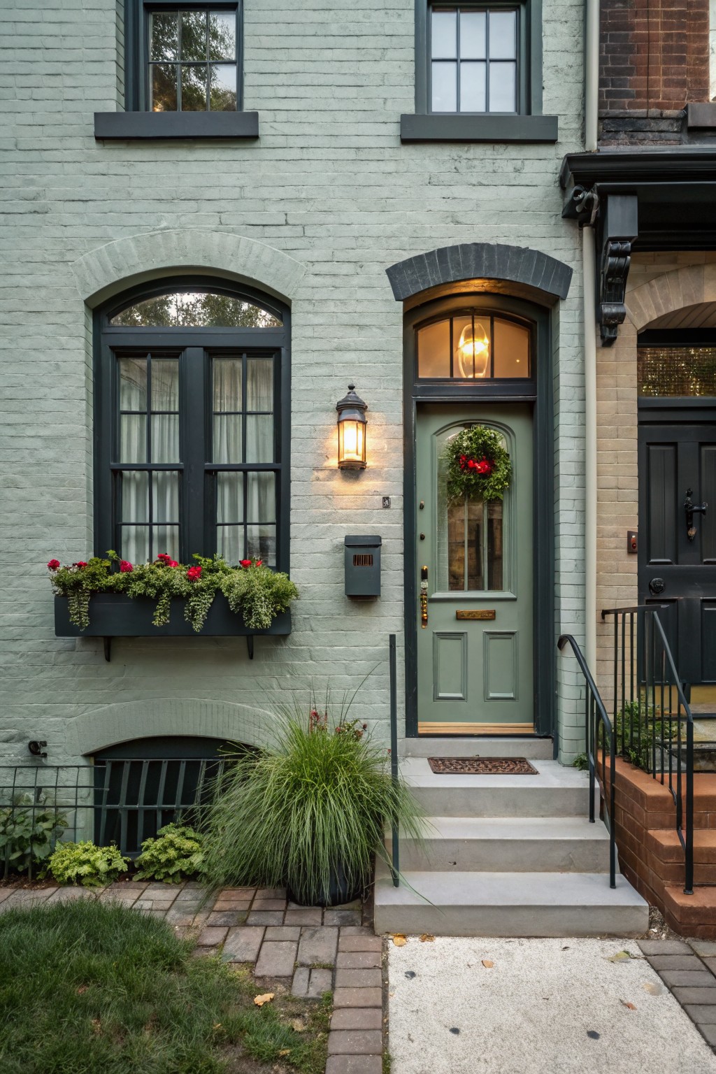 Light sage green painted brick rowhouse exterior with black window frames, sage green arched front door with Christmas wreath and brass knocker, black lantern light, red flower window box, mailbox, front steps, and low plantings.