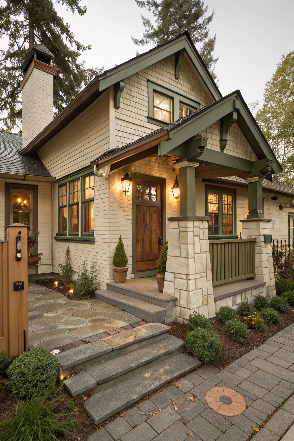 Front exterior of a small house with beige shingle siding, white brick chimney, covered porch with green trim and stone pillars, wooden door, lanterns, steps, and low plants along the path.