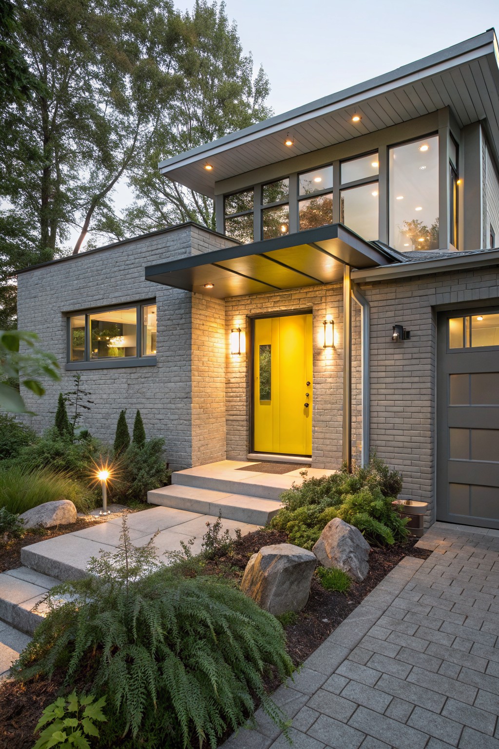 Modern two-story house exterior with light gray brick walls, yellow front door under black metal canopy, large windows, gray garage door, concrete steps, paver pathway, and low plantings with rocks.