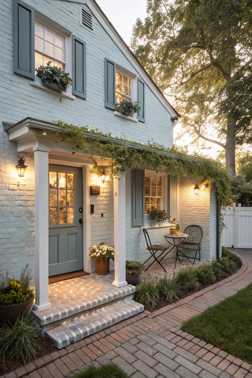 Light blue painted brick house exterior with teal front door and shutters, white porch columns, hanging lanterns, potted plants, vines on porch roof, small bistro table nearby, brick pathway, and surrounding landscaping at dusk.