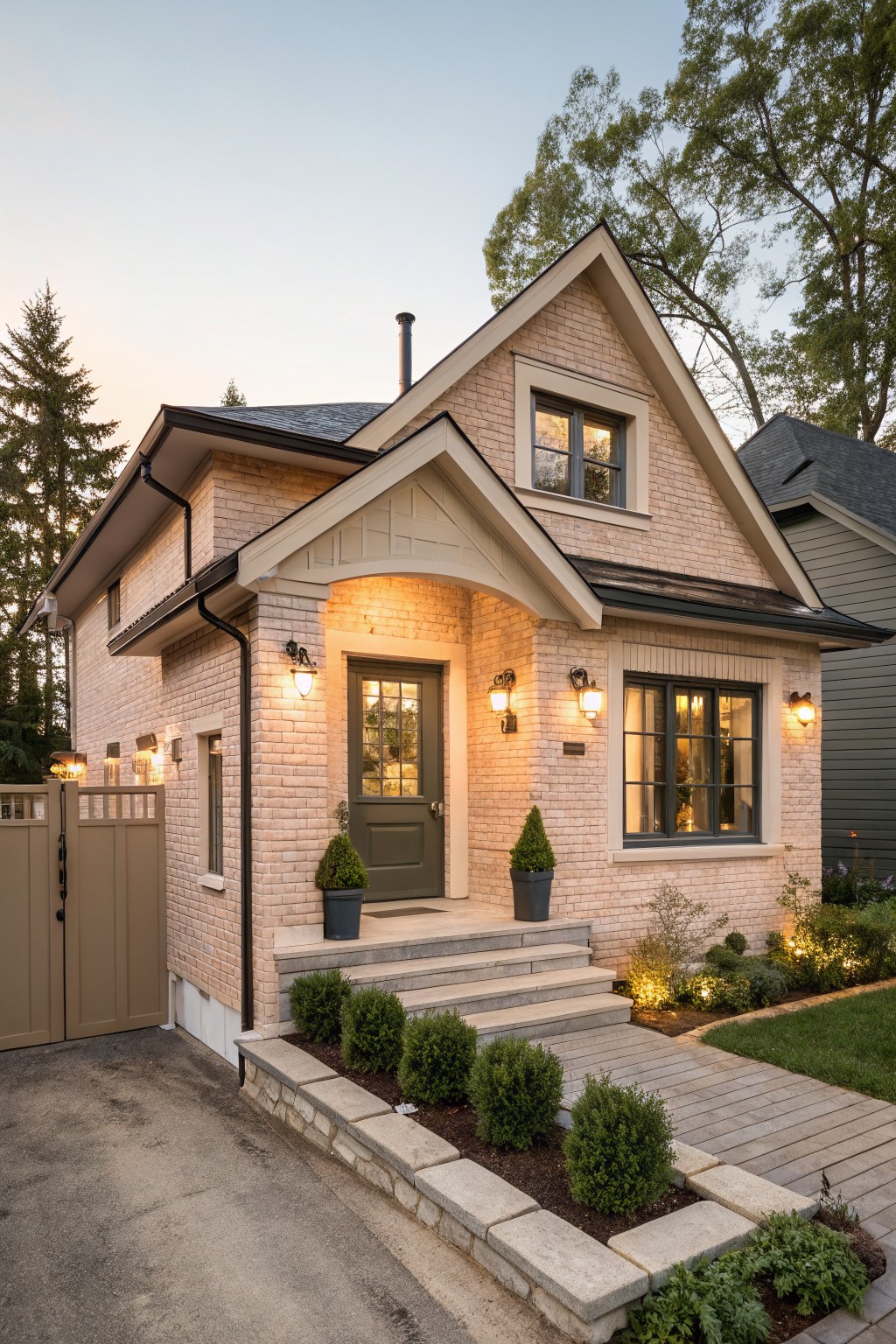 Small two-story house with light beige painted brick exterior, gabled roof, dark green front door, wall lanterns, potted plants, low shrubs, stone retaining wall, and wooden pathway at dusk.