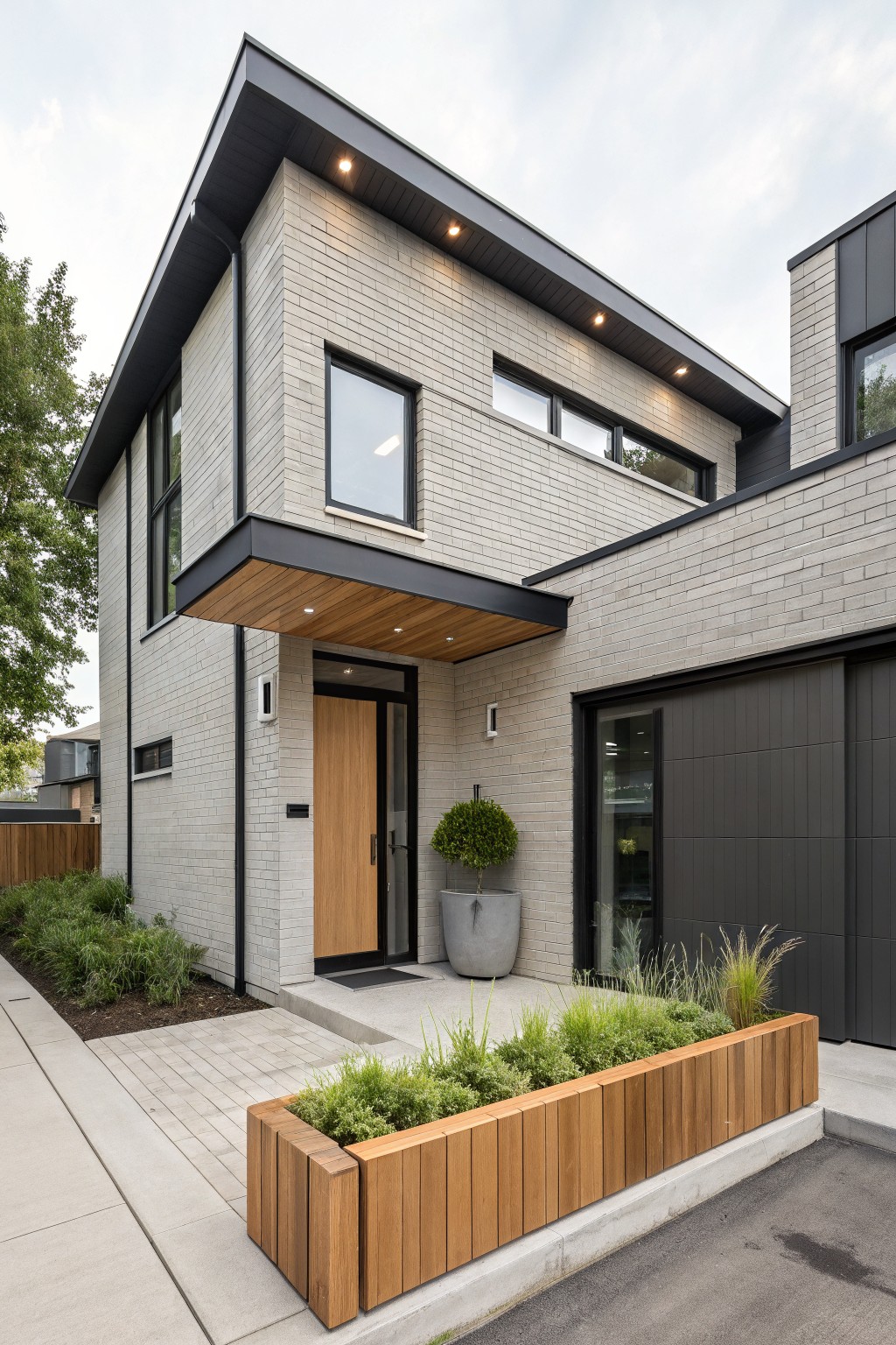Modern two-story house exterior with light gray brick walls, black metal roof edges and window frames, wooden cantilevered canopy over a wood entry door, sliding black garage door, potted plants by the entrance, and a wooden planter box with greenery along the sidewalk.