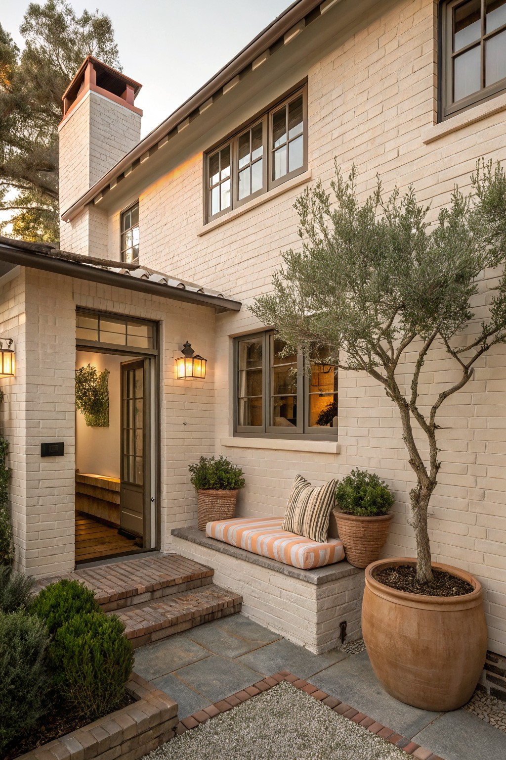 Cream painted brick house exterior with a covered entryway featuring open French doors, wall lanterns, built-in bench with striped cushions, potted plants, stone steps, and a large olive tree in a terracotta pot next to a gravel patio.