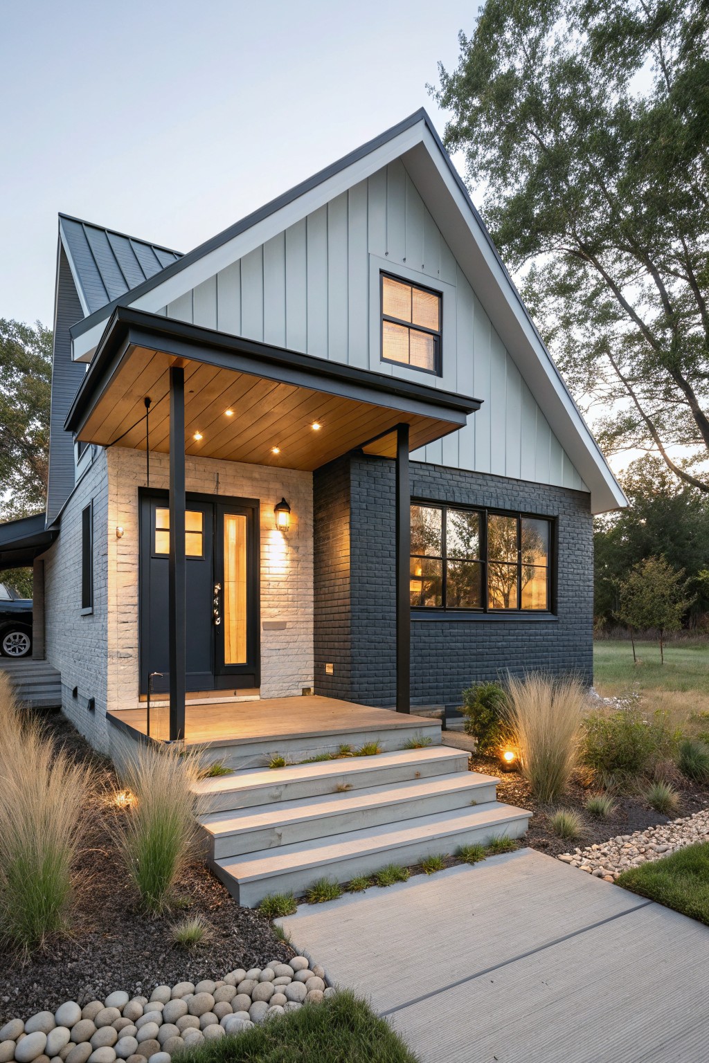 Front exterior of a small two-story house with white painted brick on the entry wall, dark gray brick on the side wall, light gray board-and-batten siding on upper levels, black-framed windows, standing-seam metal roof, covered wooden porch with black posts, concrete steps, and low ornamental grasses with river rock edging.