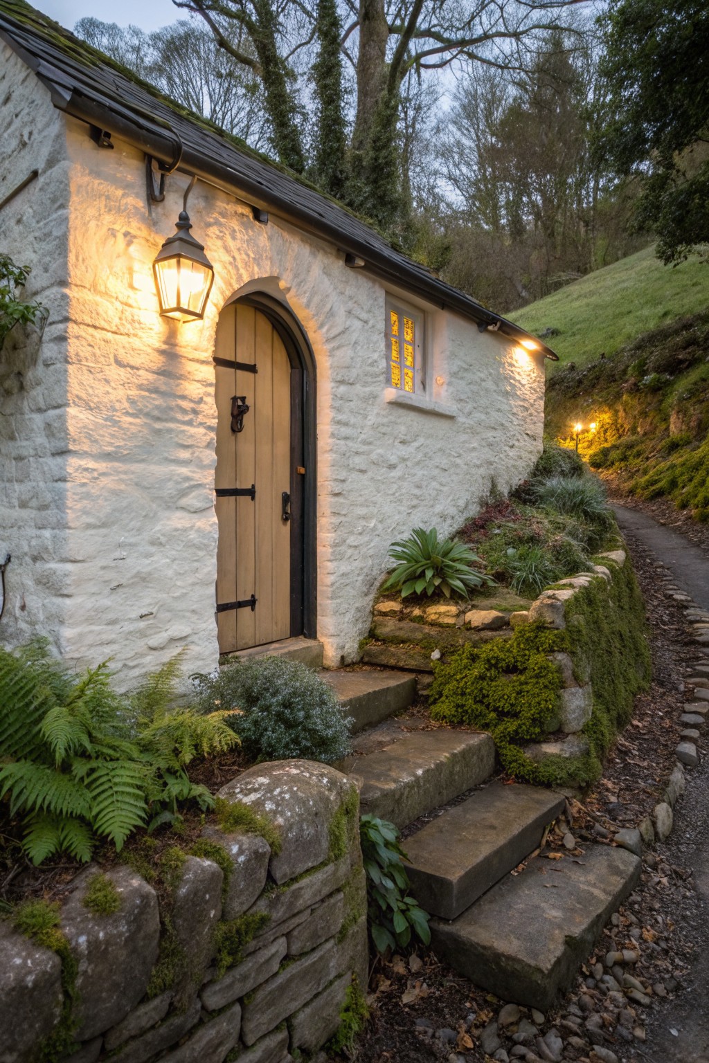 Small whitewashed stone cottage with arched wooden door, hanging lantern light, stone steps, garden plants, and path on a hillside at dusk.