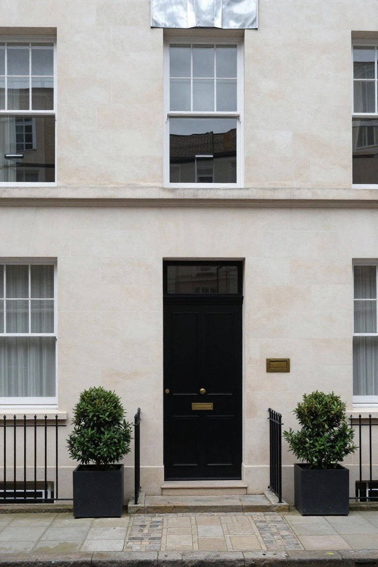 Black Door on Light Stone Facade