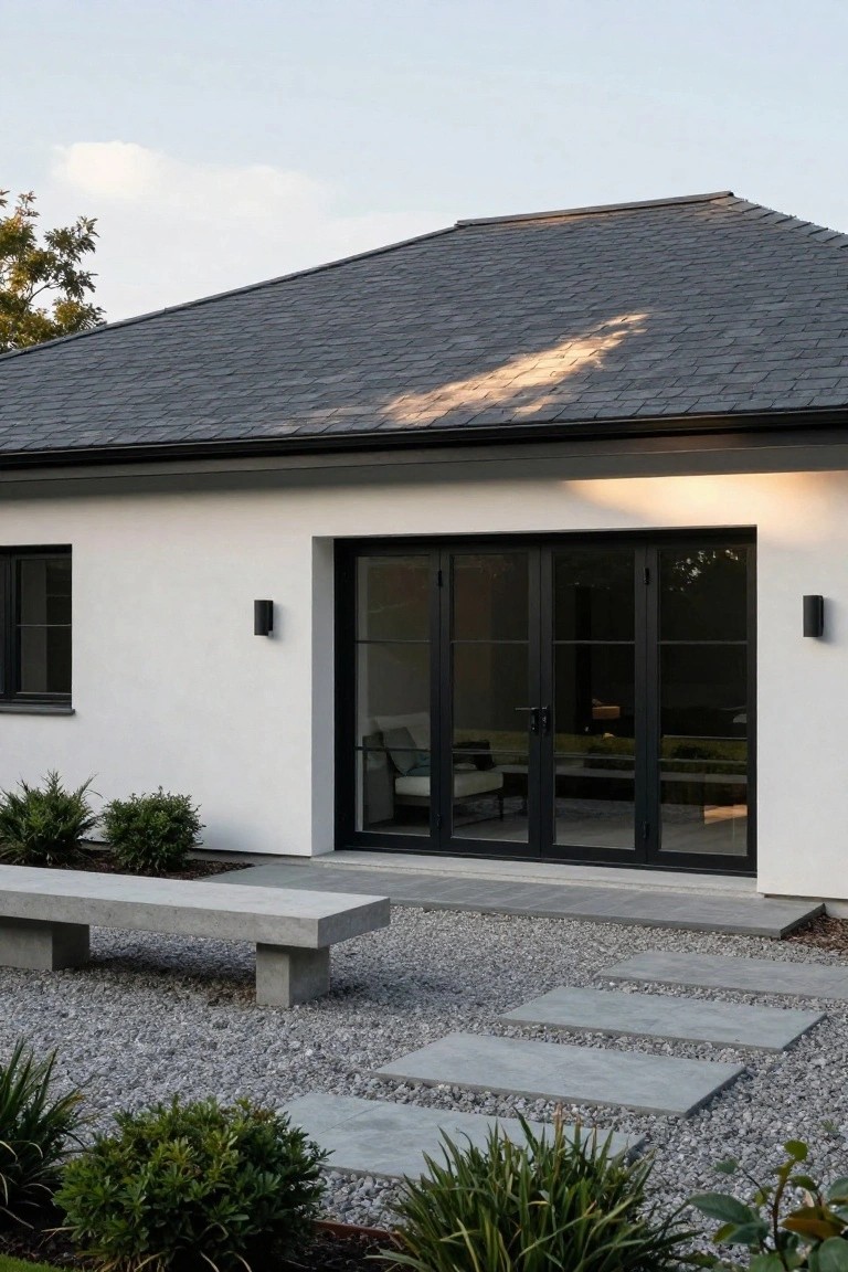 White house exterior with black metal-framed folding doors and small windows, dark slate roof, flanked by wall lights, concrete bench on gravel ground with stepping stones and low plants.