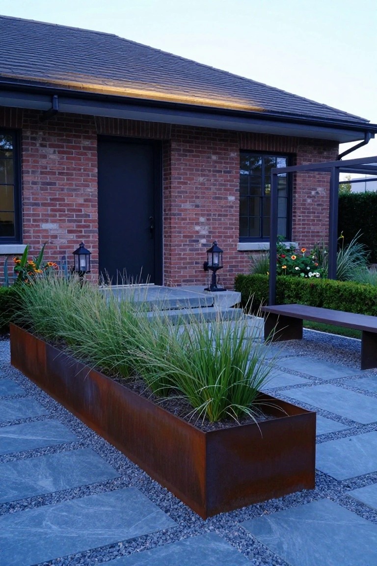 Brick house exterior at dusk with black front door, stone steps flanked by lanterns, long rectangular corten steel planter filled with tall grasses, nearby bench on paver patio, and assorted garden plantings.