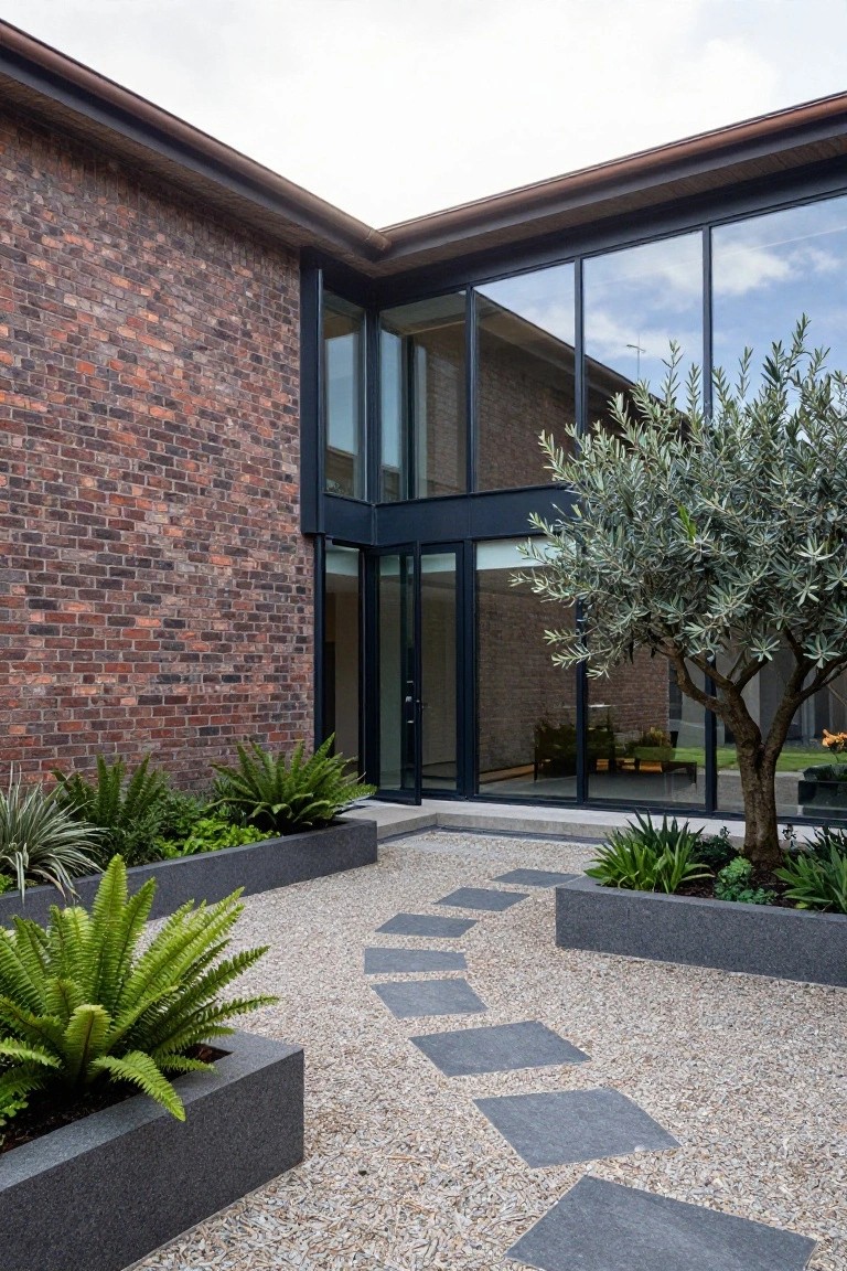 Corner exterior of a brick house with black-framed glass entry doors and large windows, gravel courtyard, dark stone planters with ferns and agave, stepping stone path, and olive tree nearby.