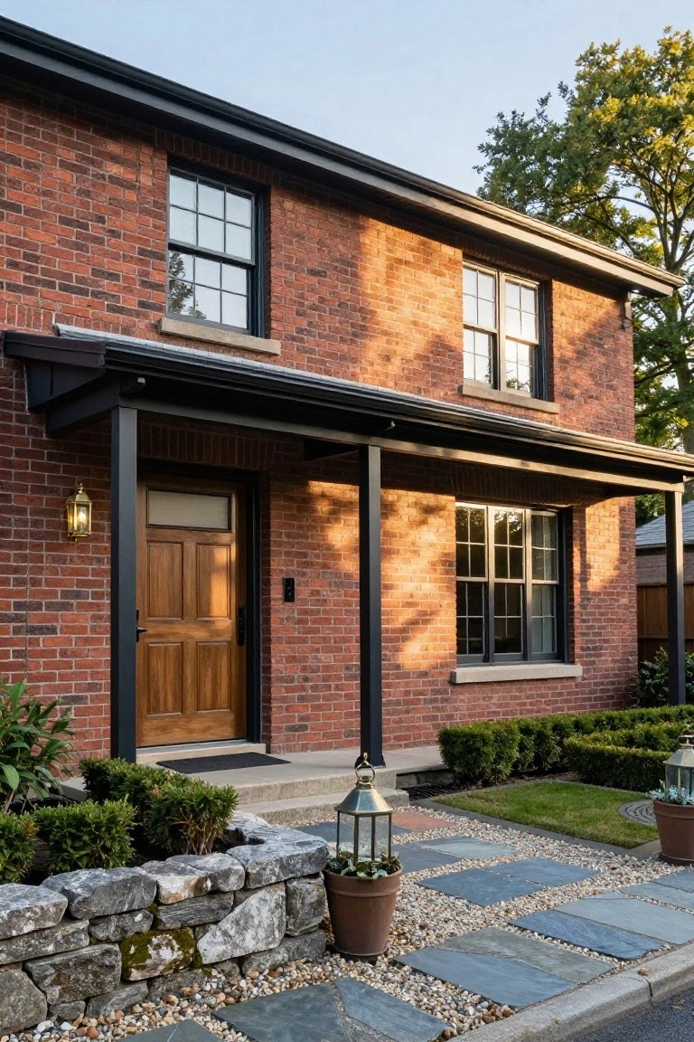 Two-story red brick house exterior featuring a covered entry porch with black metal supports, wooden front door, black-framed windows, stone retaining wall, potted plants, and slate pathway.