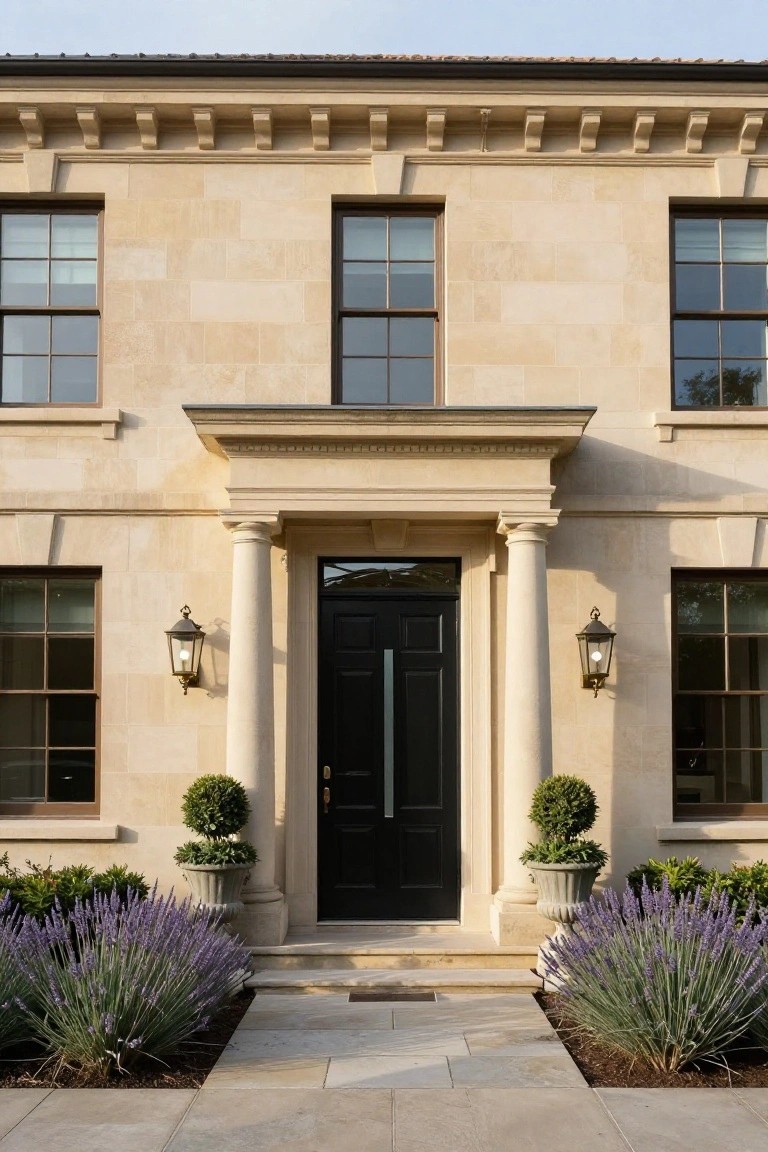 Front exterior of a two-story beige stone house with a centered black door under a pediment supported by two columns, symmetrical windows, wall lanterns, boxwood topiaries in urns, and lavender plants bordering a stone pathway.