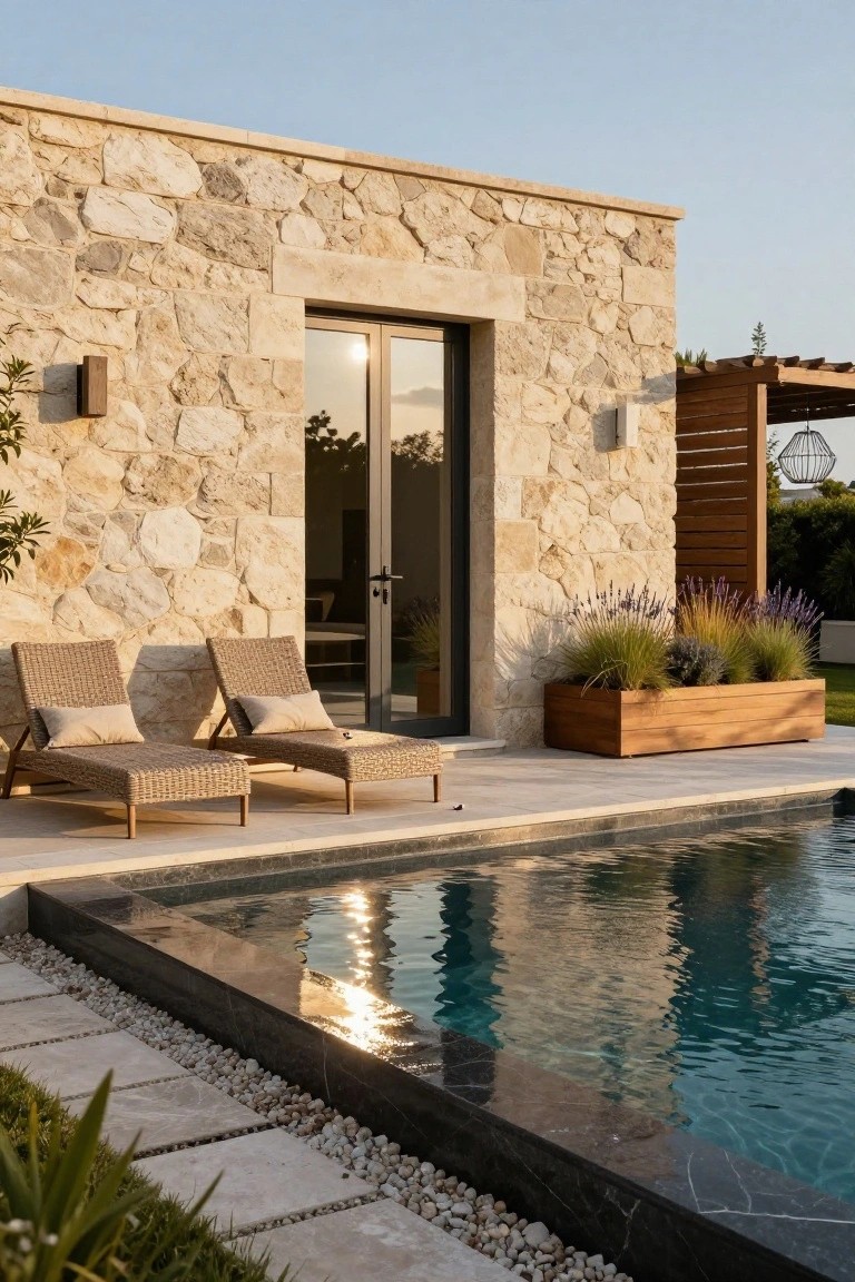 Stone house wall with large black-framed glass doors next to a pool terrace featuring two lounge chairs, a wooden planter box with grasses, and a dark-edged infinity pool.