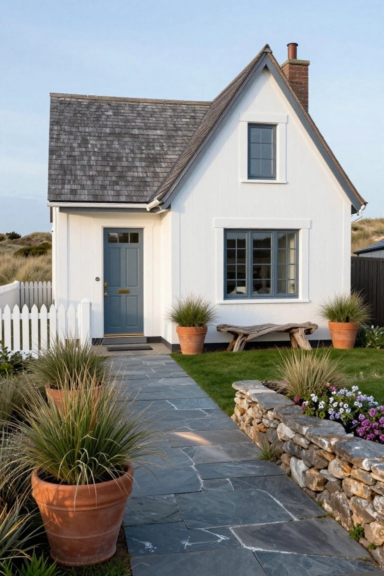 Small white clapboard cottage with gray shingle roof, navy blue front door and window frames, flanked by terracotta pots of ornamental grasses along a slate stone path, white picket fence, and stone retaining wall with flowers, set near sand dunes.