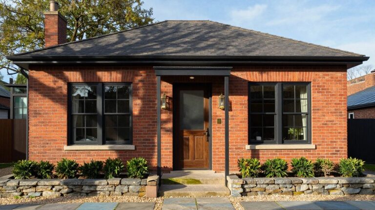 Two-story red brick house exterior featuring a covered entry porch with black metal supports, wooden front door, black-framed windows, stone retaining wall, potted plants, and slate pathway.