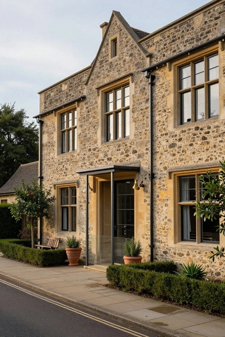 Two-story beige stone house with black metal-framed windows, a tall glass front door under a flat metal canopy, potted plants on a bench and pots, boxwood hedges, and a sidewalk in front.