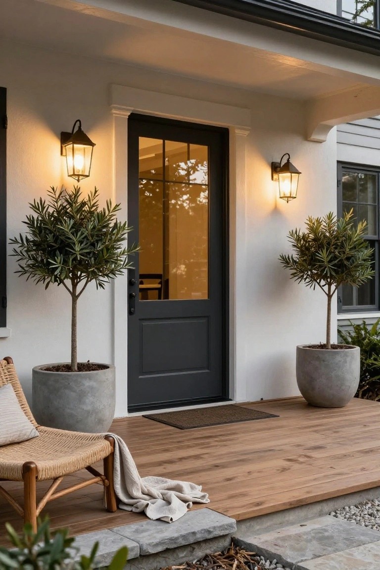 White stucco house exterior with black glass-paneled front door centered under a porch roof, flanked by two tall potted olive trees in gray planters, wall-mounted lantern lights on either side, wooden deck with rattan chair and throw nearby.