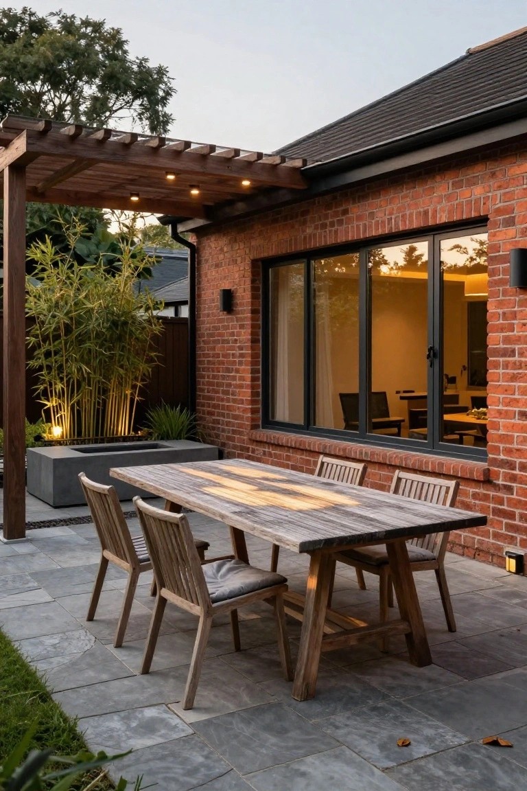 Wooden pergola with recessed lights over a long rustic teak dining table and six chairs on a gray stone patio next to a red brick house wall with large black-framed glass windows, bamboo plants, and a linear concrete fire feature.