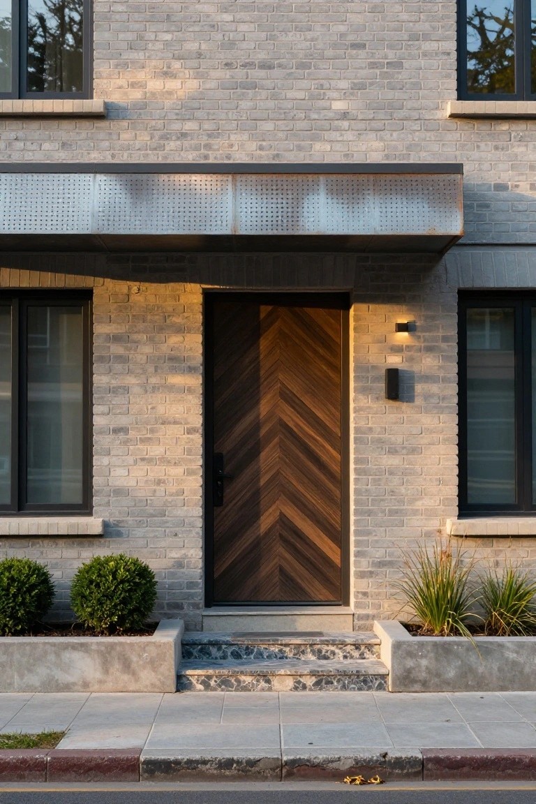 Light gray brick house exterior with dark chevron-patterned wood front door under a perforated metal canopy, flanked by black-framed windows, wall lights, concrete planters with shrubs, and pebble steps to a sidewalk.