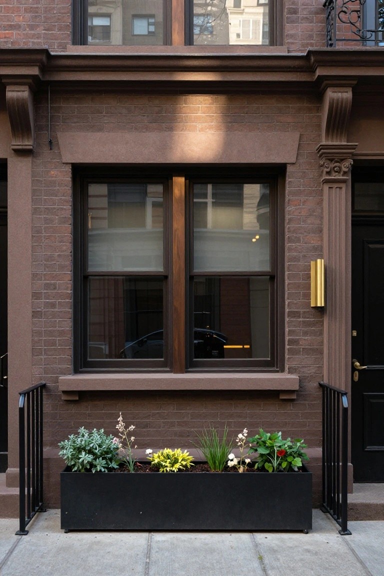 Brown brick townhouse facade with divided wood-framed window, black front door, gold wall sconce, black metal railing, and long rectangular black planter box filled with grasses, succulents, and flowering plants on the stoop.