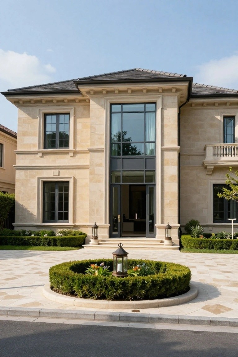 Front exterior of a two-story beige limestone house featuring a large central pivoting glass door, flanked by multi-pane windows, stone steps, lanterns, and a circular boxwood hedge with flowers in a paved driveway.