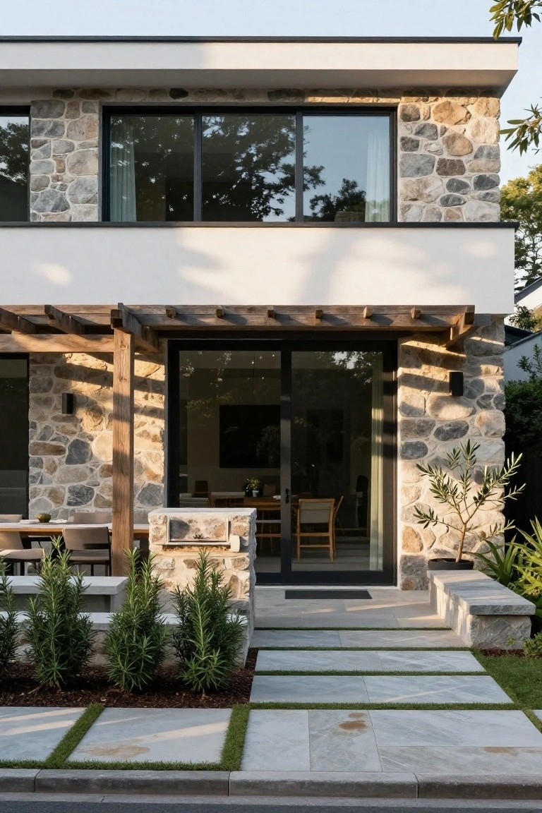 Modern two-story house exterior with gray pebble stone lower walls, white stucco upper section, large black-framed glass windows and sliding doors, wooden pergola over the entry, stone path, and low plants in front.
