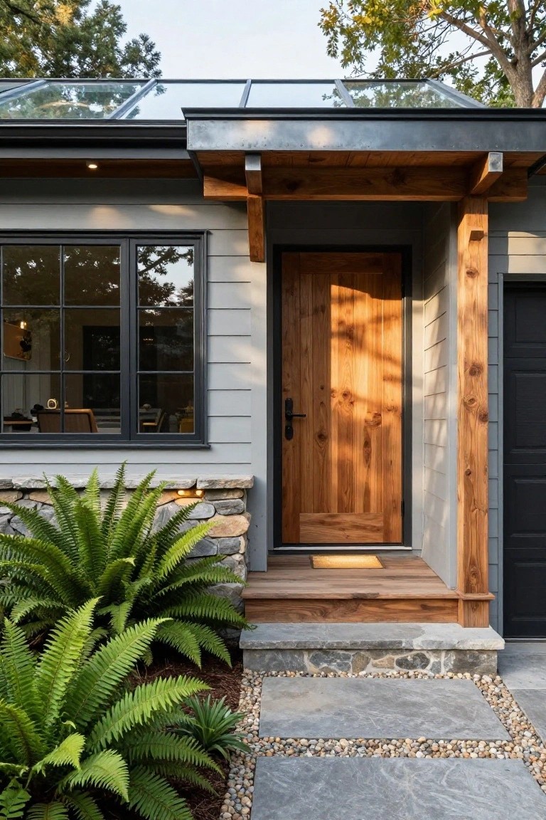 Front view of a house exterior with gray siding, a wooden entry door under a covered porch supported by timber beams and posts, black-framed windows, stone base with ferns, and a slate stone pathway.