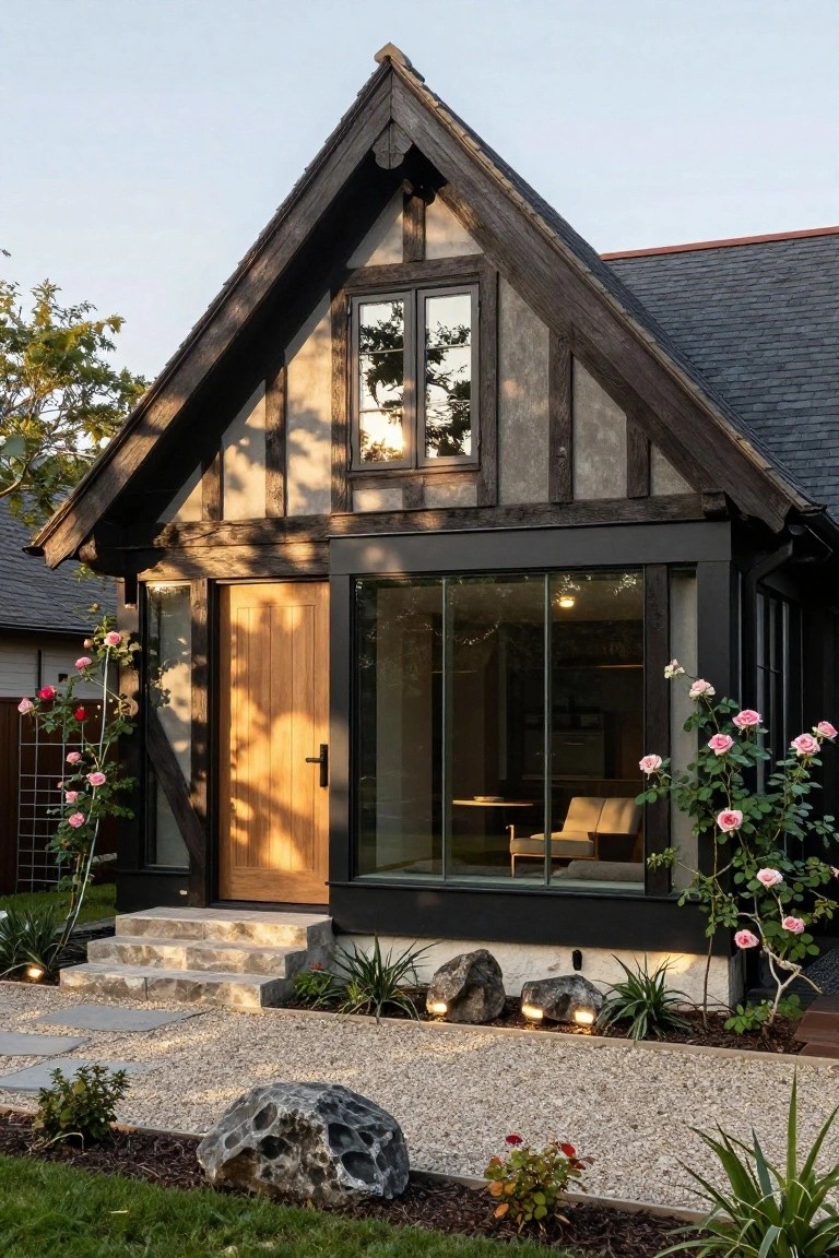 Gabled house exterior with dark exposed timber framing on light stucco walls, wooden entry door adjacent to large floor-to-ceiling glass panels in black frame, stone steps, climbing pink roses, gravel path, and boulder landscaping.