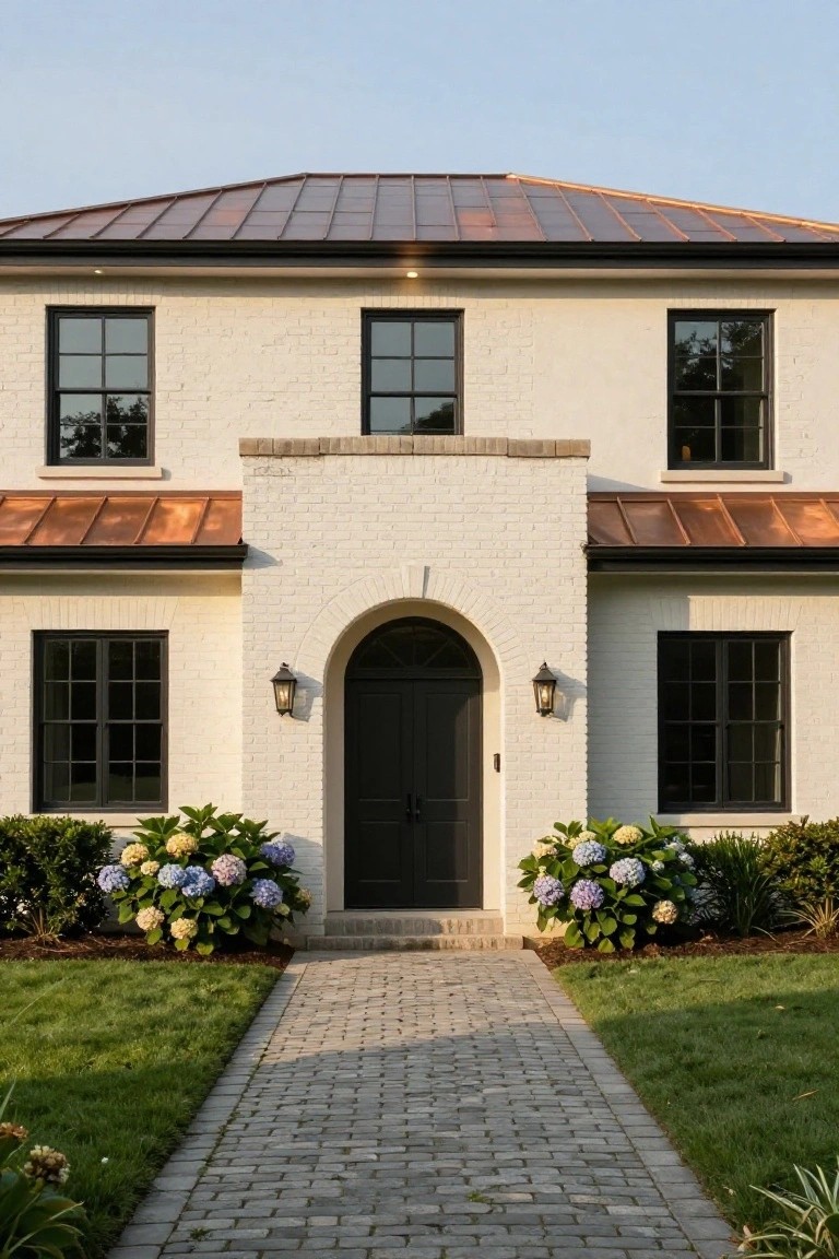 White brick house exterior featuring a copper standing seam roof, black-framed windows, arched black front door with lanterns, hydrangea bushes on either side, and a brick pathway leading from the street.