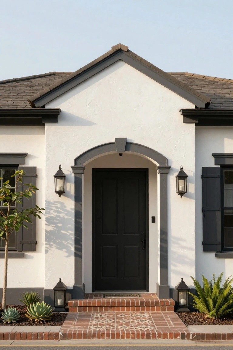 White stucco single-story house exterior with gabled roof, black trim and shutters, gray arched entryway around a black double door, wall-mounted lanterns, brick steps with tile accents, and succulents in gravel beds.