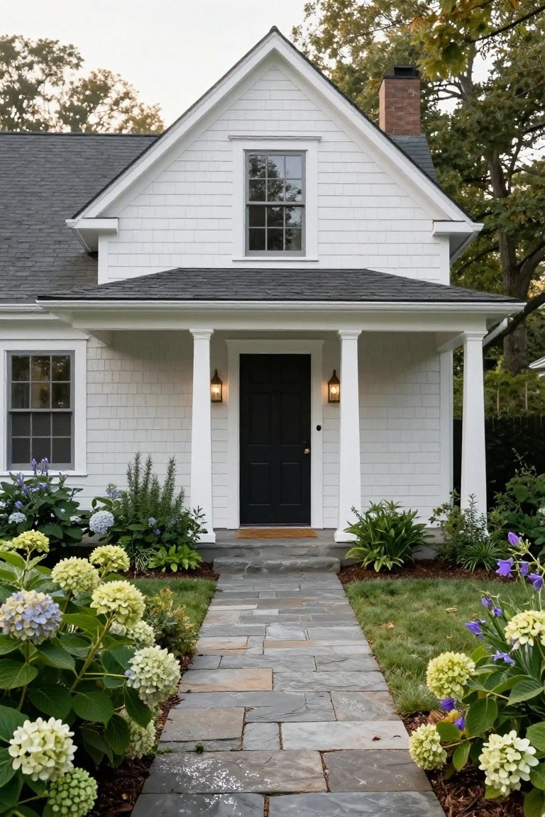 White shingle-style colonial house with gabled roof, covered front porch on columns, black front door with lanterns, flagstone walkway lined with hydrangea plants, and trees in background.